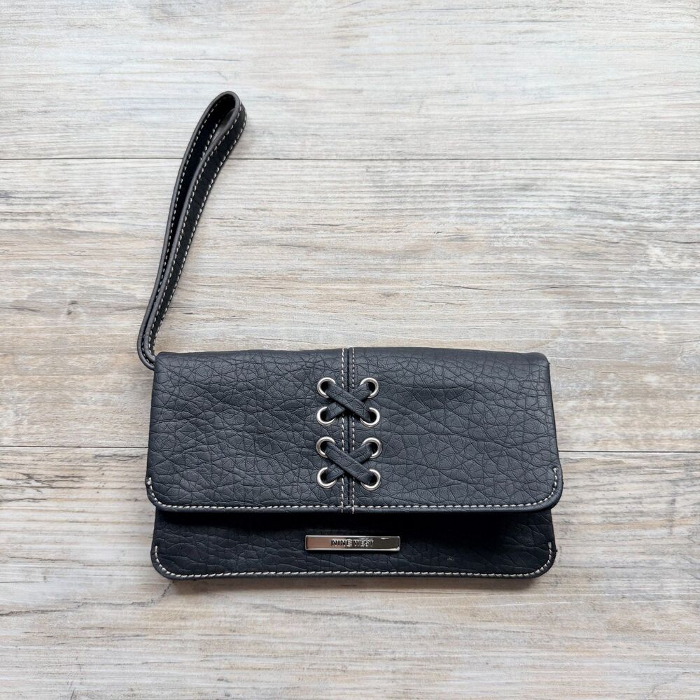 Y2K Nine West Black Lace Up Wristlet Wallet Clutch Vegan Leather Organizer
